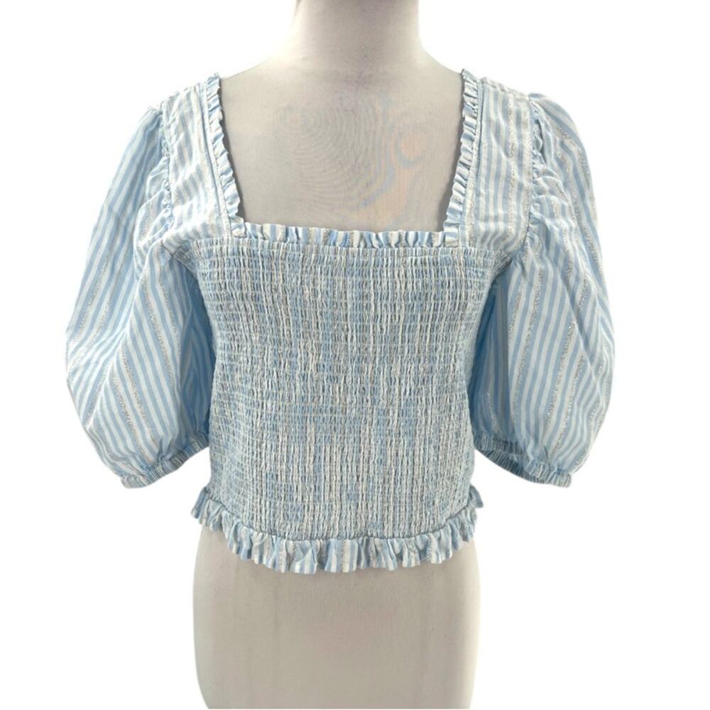 Emily McCarthy Havana smocked puff sleeve top with metallic stripe sz L